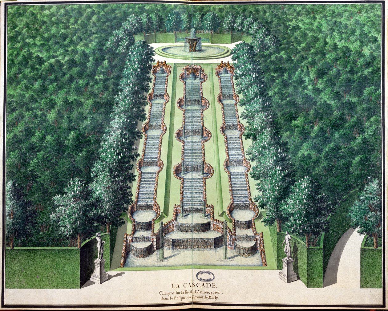कैसकेड, 1706 के अंत में बदल गया, पहाड़ी पर ग्रोव में, मार्ली गार्डन से, 18 वीं शताब्दी की शुरुआत में (कागज पर wc) द्वारा फ्रेंच स्कूल