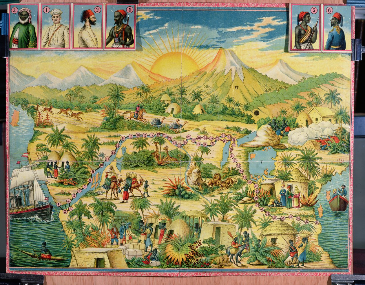 अफ्रीका की विजय, बोर्ड गेम सर हेनरी मॉर्टन स्टेनली (1841-1904) और डेविड लिविंगस्टोन (1813-73) की यात्रा पर आधारित (रंग उत्कीर्णन) द्वारा फ्रेंच स्कूल