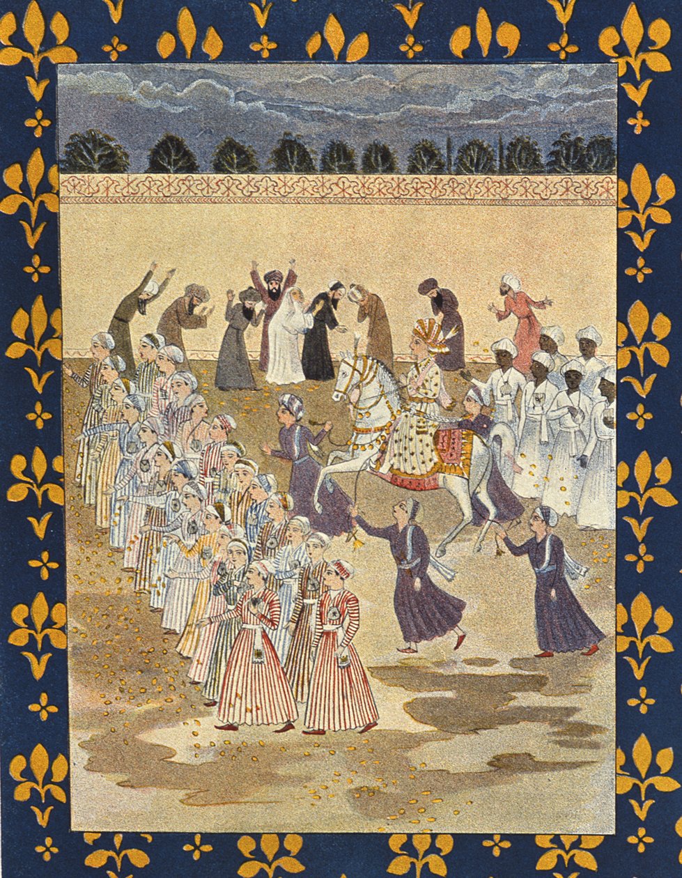 अलादीन का कोर्टेज, अलादीन का चित्रण, द अरेबियन नाइट्स, 1895 (रंग उत्कीर्णन) से द्वारा फ्रेंच स्कूल