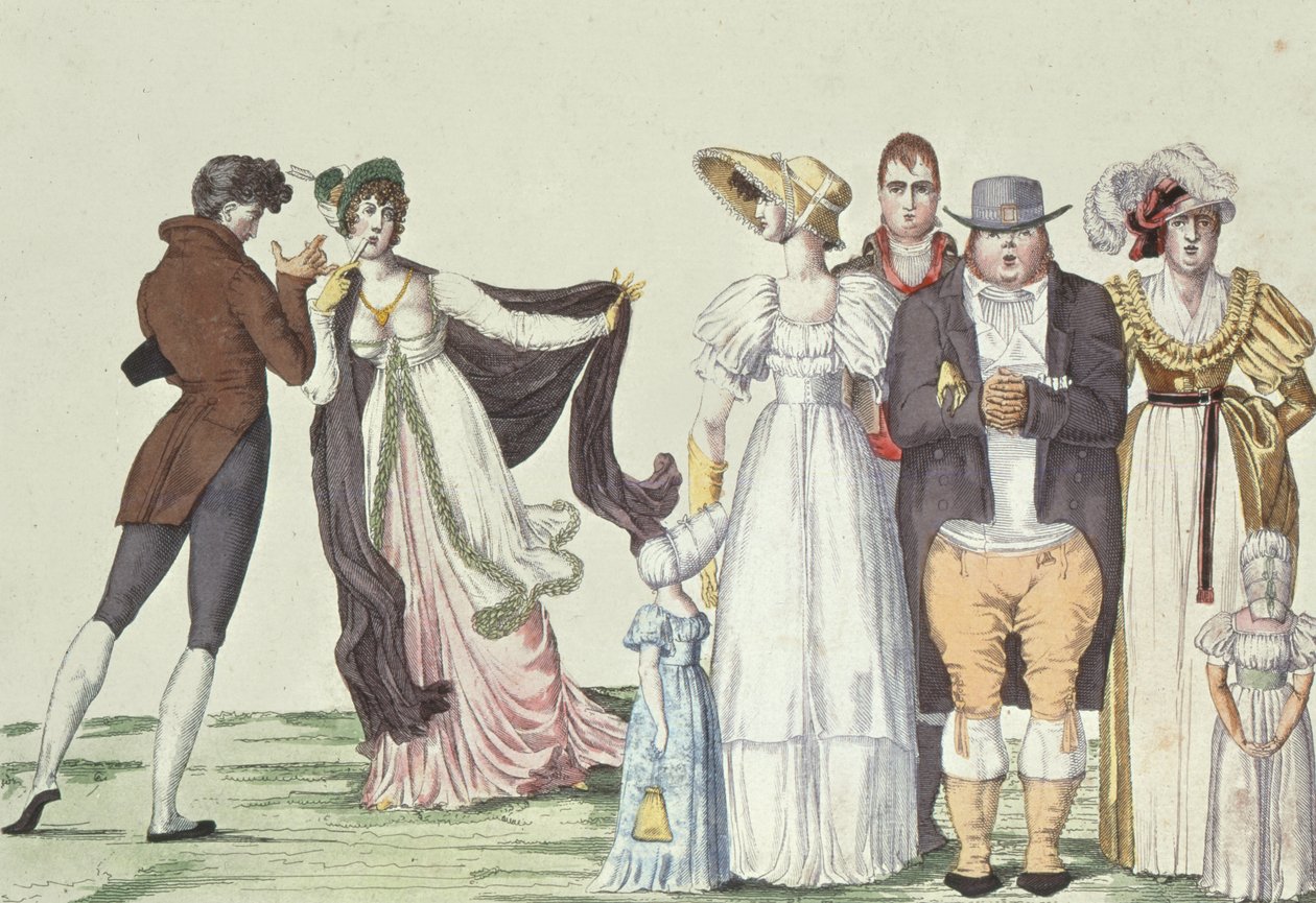 पेरिस में अंग्रेजी परिवार, ले सुप्रीम बॉन टन से चित्रण, c.1815 द्वारा फ्रेंच स्कूल