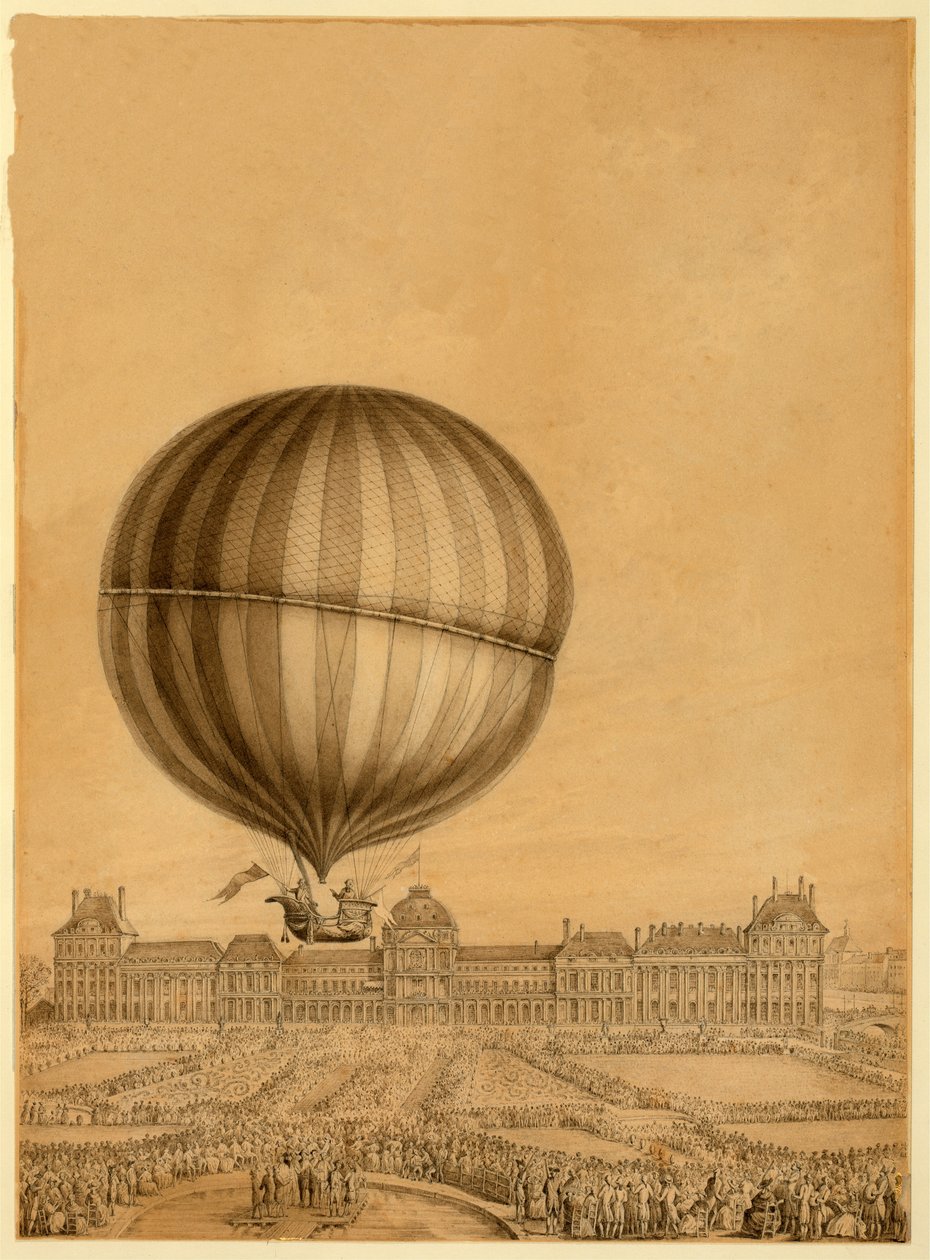 द फर्स्ट मैनमेड गैस बैलून फ्लाइट, 1 दिसंबर 1783, c.1783 द्वारा फ्रेंच स्कूल