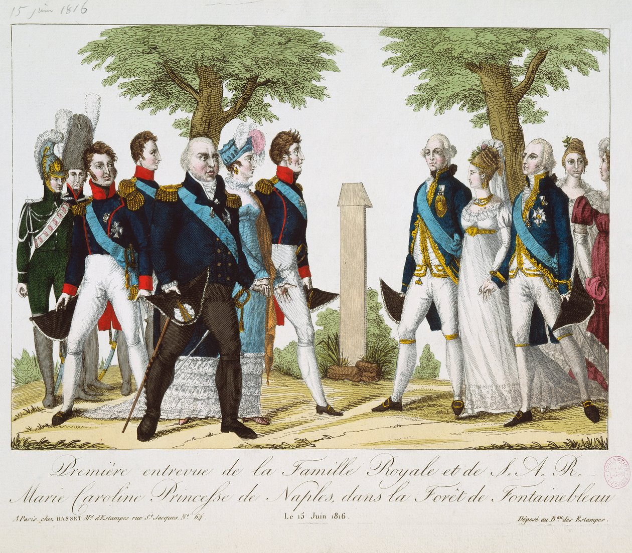 लुईस XVIII (1755-1824) और मैरी-कैरोलीन-फर्डिनंडे (1798-1870) के बीच पहली मुलाकात, फॉनटेनब्लियू के जंगल में क्रोक्स डे सेंट हरम में, 15 जून 1816, 1816-30 (रंगीन एंग्रे द्वारा फ्रेंच स्कूल