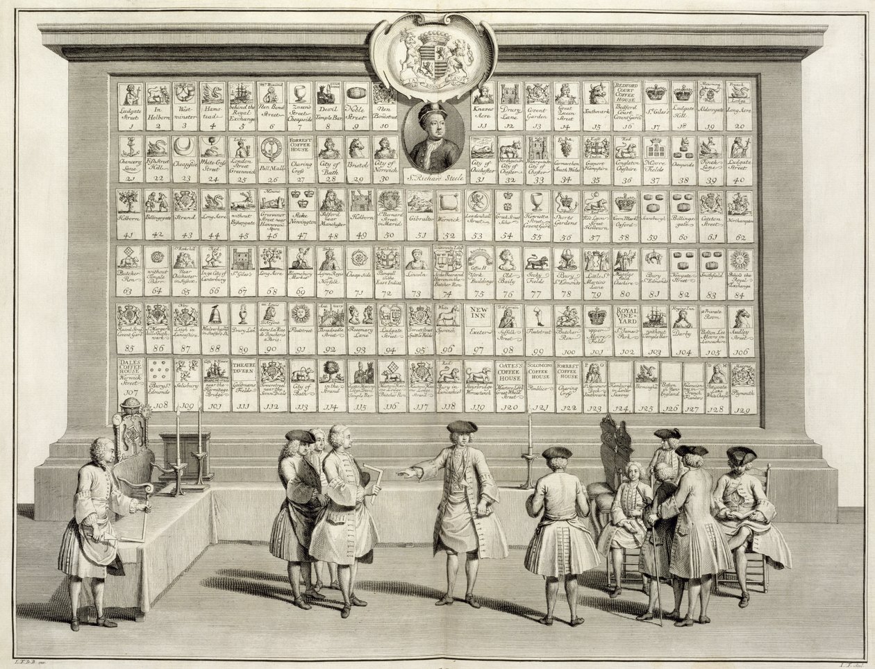 द मेसन, द सेरेमनी ऑफ रिलिजन एंड कस्टम से विभिन्न लॉज के संकेत के साथ, c.1733 द्वारा फ्रेंच स्कूल