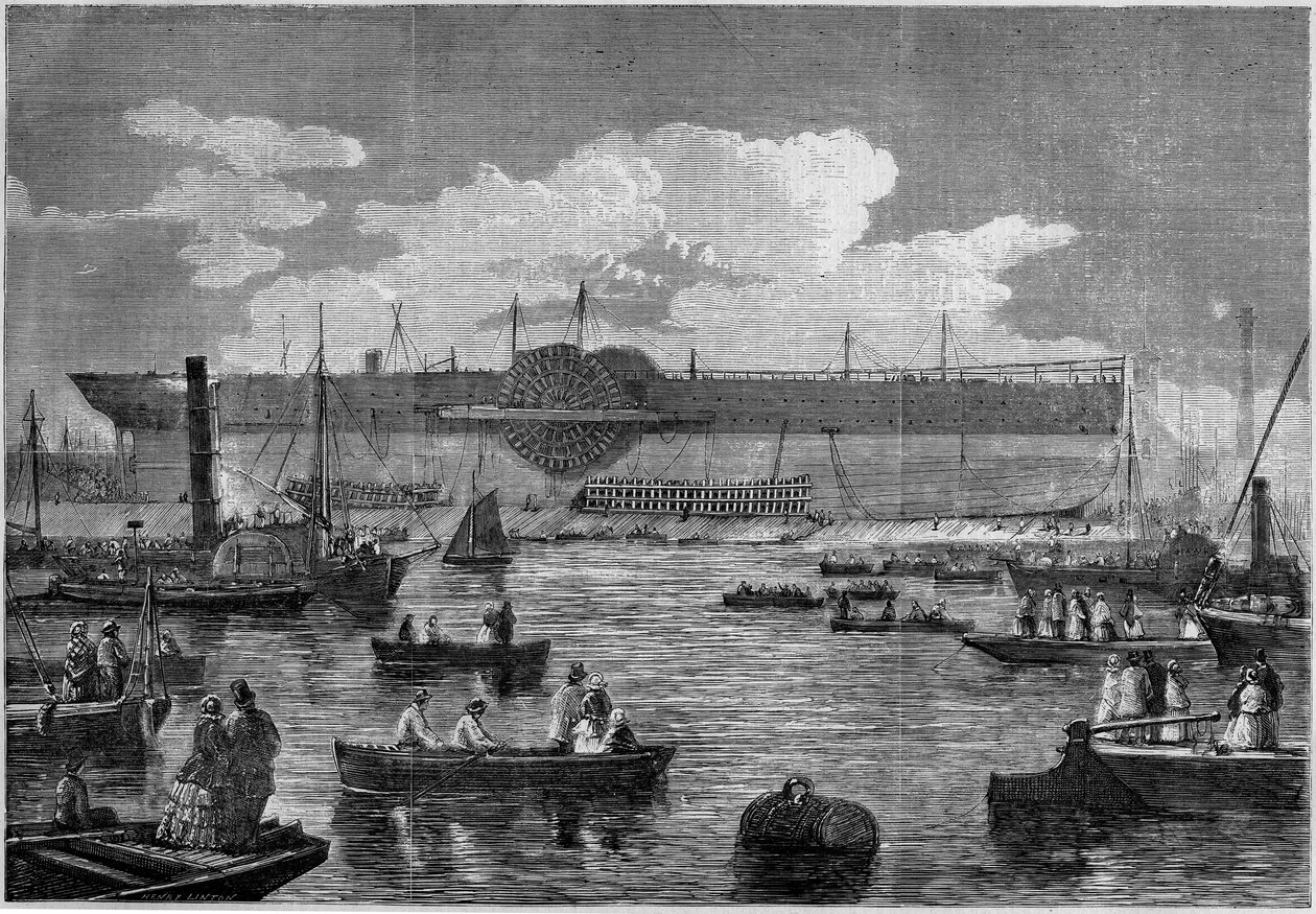 1857 में लॉन्च करने के अपने प्रयास के दौरान "लेविथान" (ग्रेट ईस्टर्न), पहला विशाल लाइनर। 14 नवंबर 1857 को "" ले मोंडे इलस्ट्रे" एन ° 31 में उत्कीर्णन। द्वारा फ्रेंच स्कूल