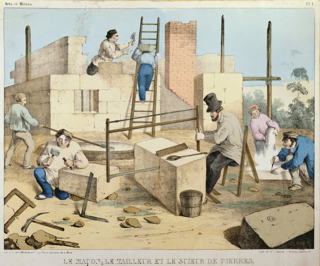 द मेसन, द स्टोन कटर और स्टोन सॉयर, c.1860 द्वारा फ्रेंच स्कूल