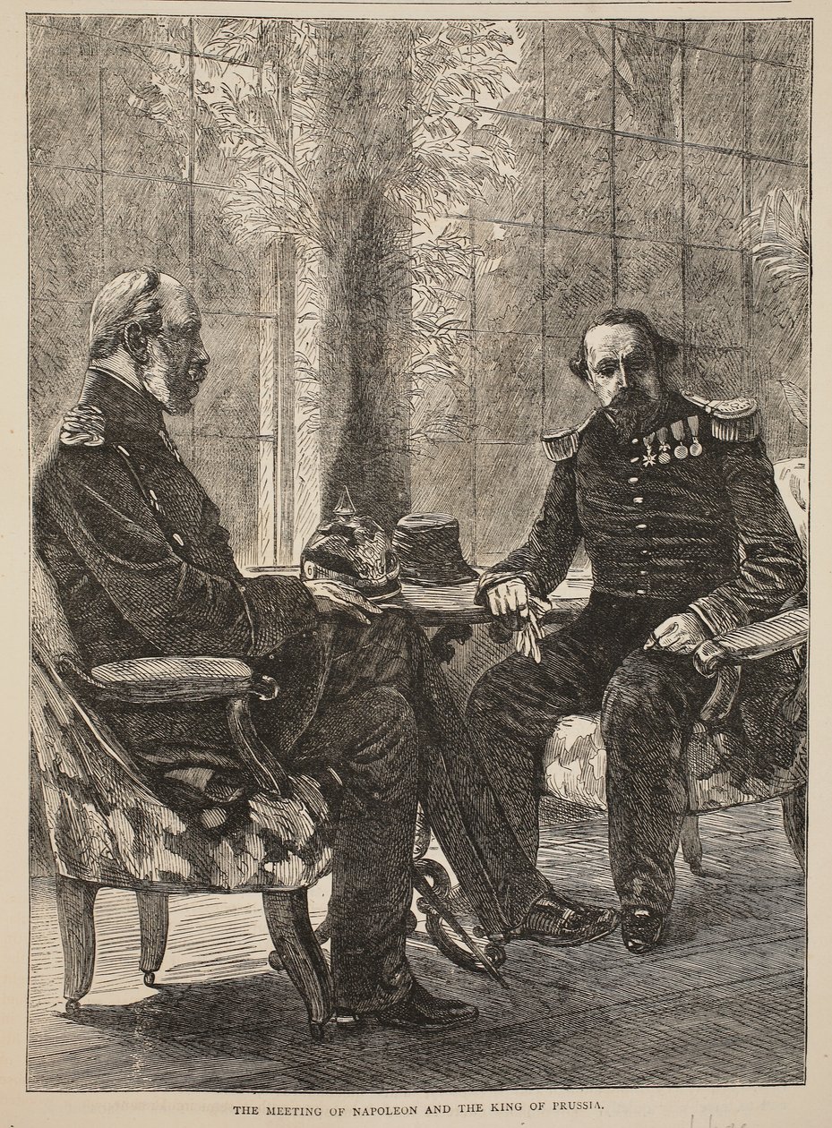 नेपोलियन की सभा और प्रशिया के राजा, सितंबर 1870, फ्रांस और जर्मनी के बीच युद्ध के कैसेल्स इतिहास का चित्रण, 1870-1871 द्वारा फ्रेंच स्कूल