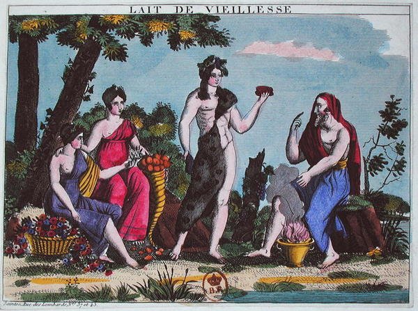 द मिल्क ऑफ ओल्ड एज, c.1830 (रंगीन उत्कीर्णन) द्वारा फ्रेंच स्कूल
