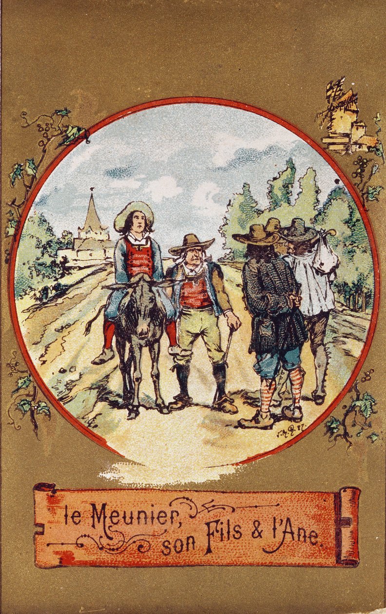 मिलर, उनका बेटा और गधा, c.1880 (रंगीन उत्कीर्णन) द्वारा फ्रेंच स्कूल