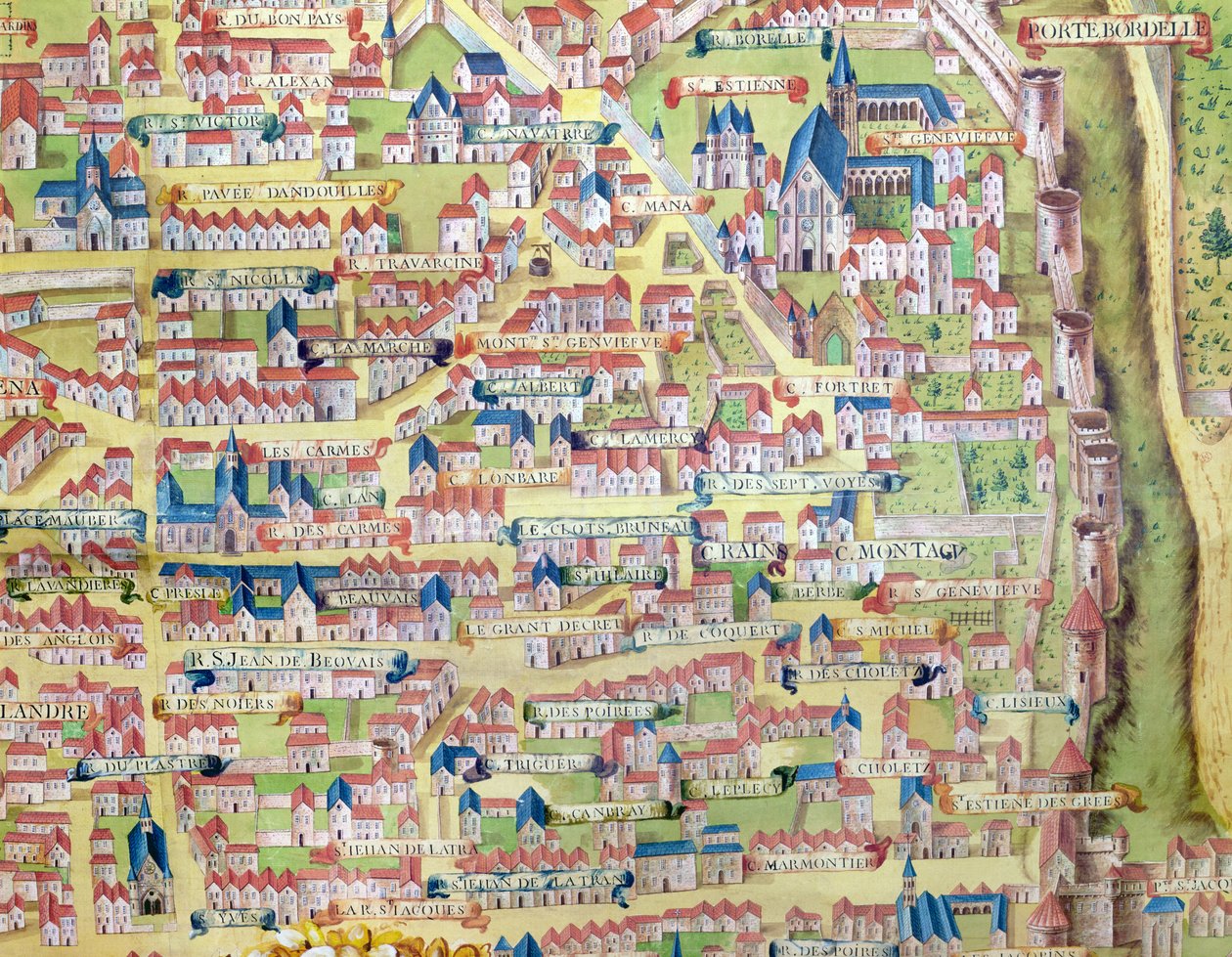 मोंटेगेन सैंटे-जिनेविव, पेरिस की योजना से विस्तृत c.1540, जिसे प्लान डे ला गौचे कहा जाता है, c.1860 द्वारा फ्रेंच स्कूल