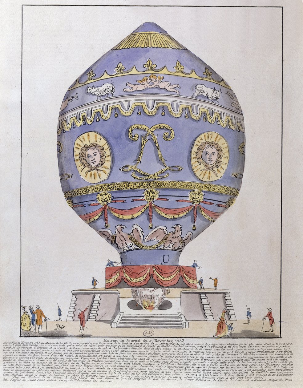 21 नवंबर, 1783 को चेटो डी ला मुएट में मोंटगॉल्फियर ब्रदर्स बैलून प्रयोग द्वारा फ्रेंच स्कूल