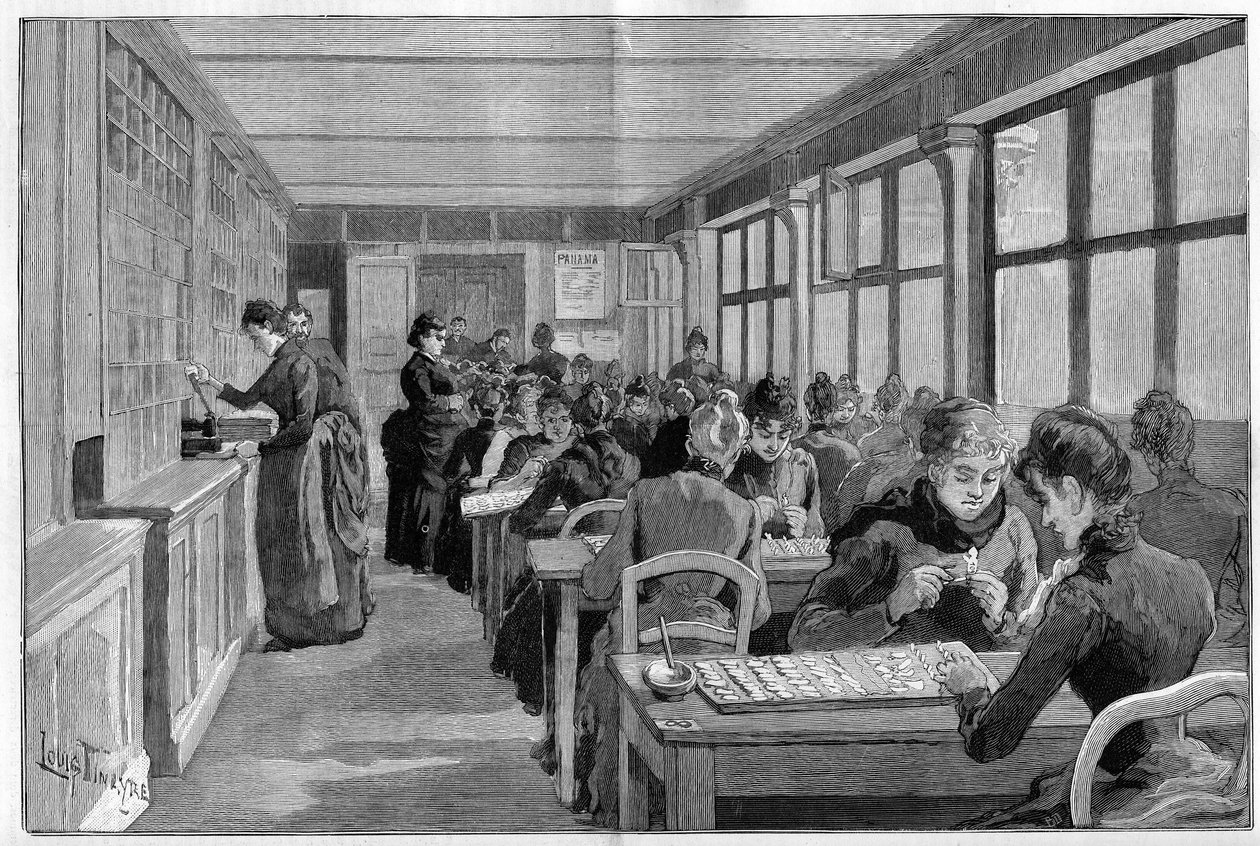 1888 में पेरिस में पनामा बॉन्ड रैंकिंग कार्यशाला। द्वारा फ्रेंच स्कूल