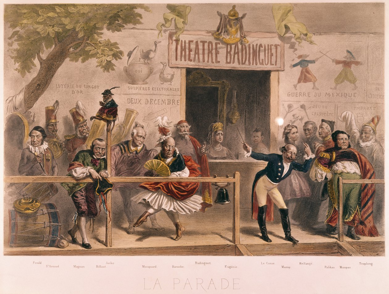 परेड, नेपोलियन III और उनके दरबार (1808-73) का कैरिकेचर, ला मेनाजेरी इंपीरियल से, c.1870 द्वारा फ्रेंच स्कूल