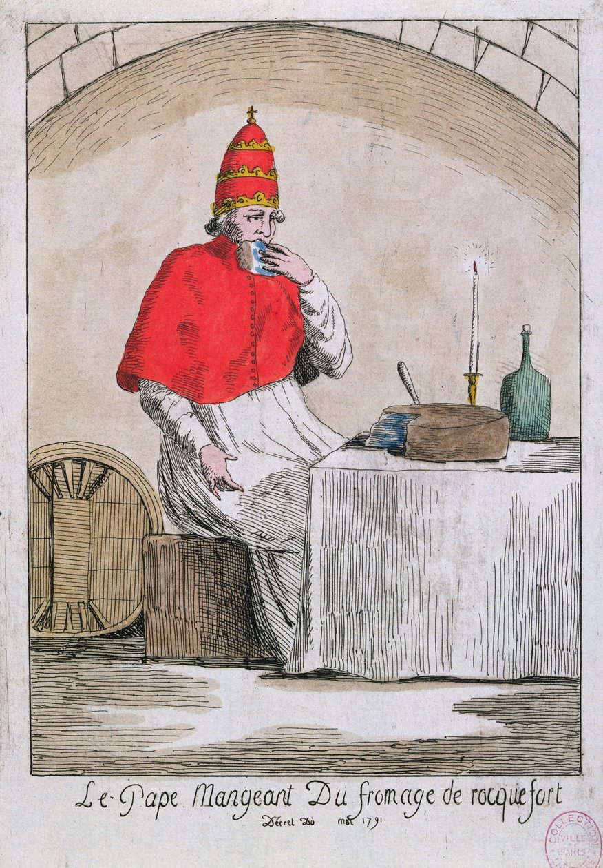 रोक्फोर्ट पनीर खाने वाला पोप, 1791 द्वारा फ्रेंच स्कूल
