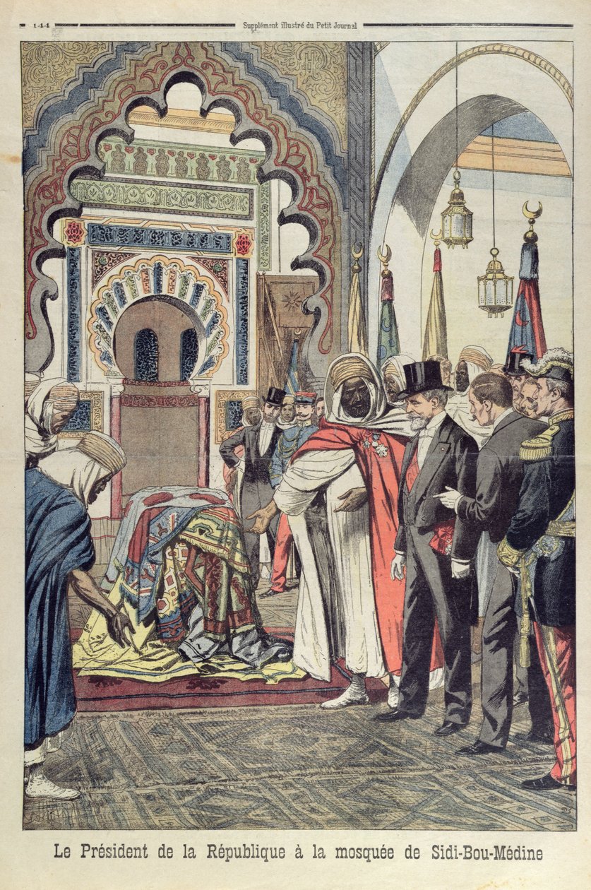 फ्रांसीसी गणराज्य के राष्ट्रपति एमिल लुबेट (1838-1929) सिदी बू मेडिन, अल्लेमिया, अल्जीरिया की मस्जिद का दौरा, ले पेटिट जर्नल से चित्रण, 3 मई 1903 द्वारा फ्रेंच स्कूल