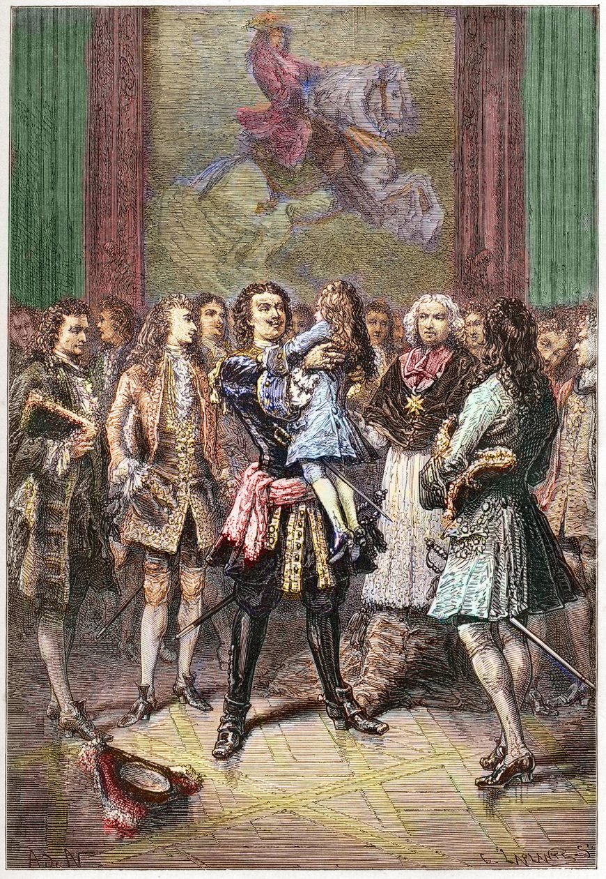 रूसी ज़ार पीटर I द ग्रेट (1672-1725) ने 1717 में वर्साय में राजा लुई XV को अपनी बाहों में पकड़ रखा था - रूस के पीटर I (1672-1725) ज़ार द्वारा फ्रेंच स्कूल