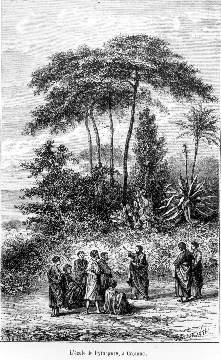 द पाइथागोरस स्कूल (c.580-500 ईसा पूर्व) द इलस्ट्रेटेड वर्ल्ड, 1865 से द्वारा फ्रेंच स्कूल