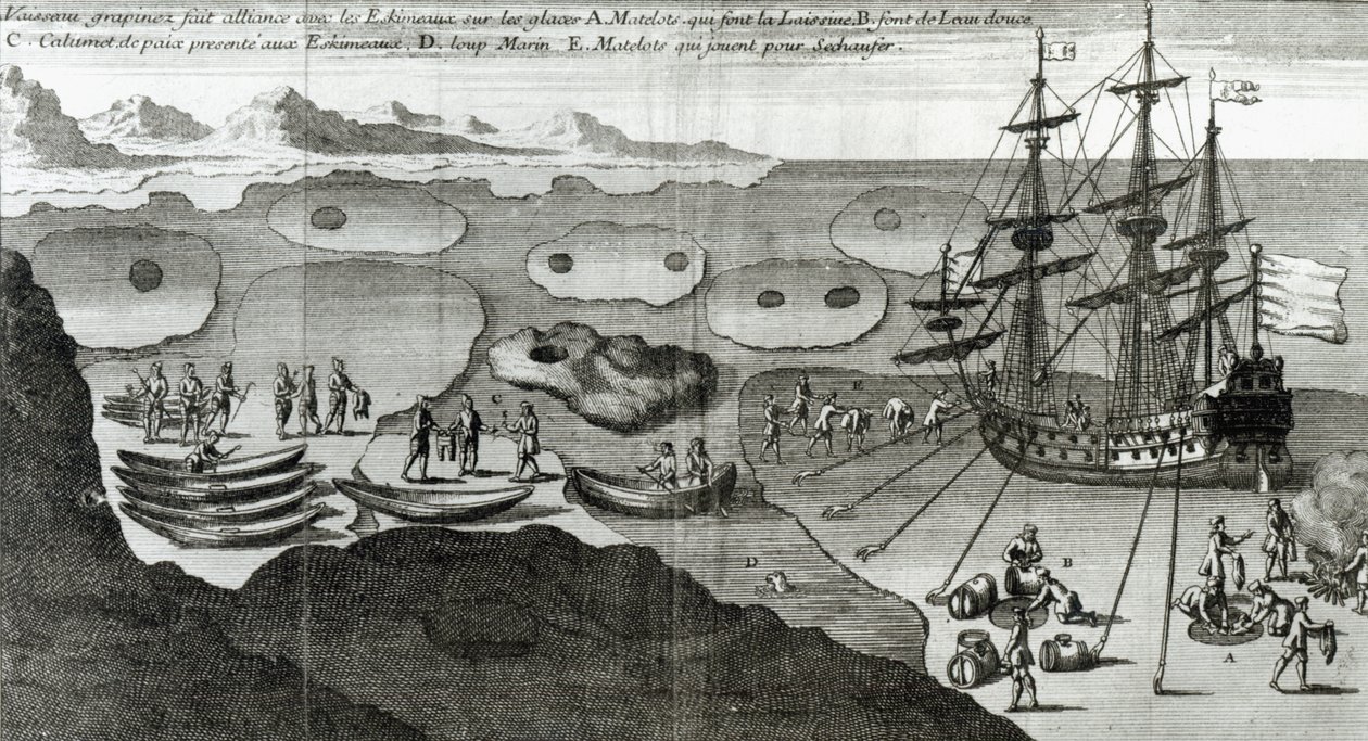 1753 में प्रकाशित बेकेविले डी ला पोथेरी (1663-1736) द्वारा &39;हिस्टोइरे डी ल&39;अमेरिक सेपेंट्रियनेल&39; से एस्किमो के साथ जहाज बनाना गठबंधन द्वारा फ्रेंच स्कूल