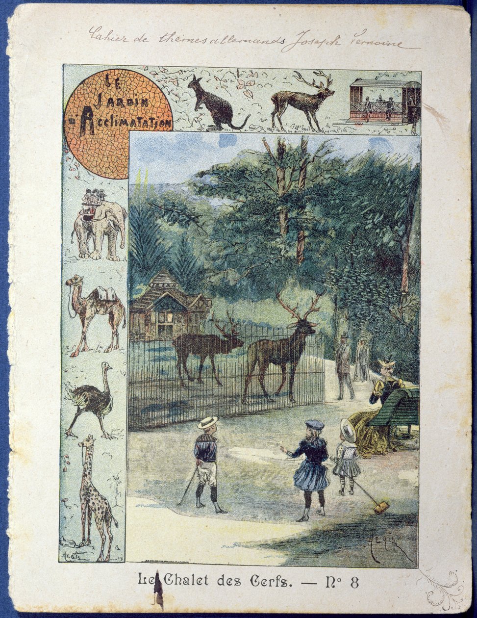 जार्डिन dAcclimatation, पेरिस में स्टैग हाउस, c.1900 (रंग उत्कीर्णन) द्वारा फ्रेंच स्कूल