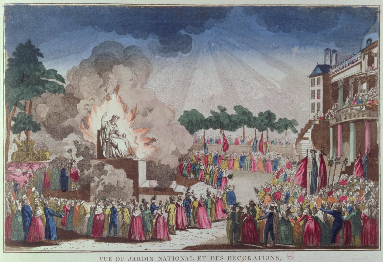 आठवीं जुलाई 1794 को पेरिस के सुप्रीम बीइंग, जार्डिन नेशनल डेस डेकोरेशन्स के समारोह में नास्तिकता की मूर्ति को नष्ट कर दिया गया था द्वारा फ्रेंच स्कूल