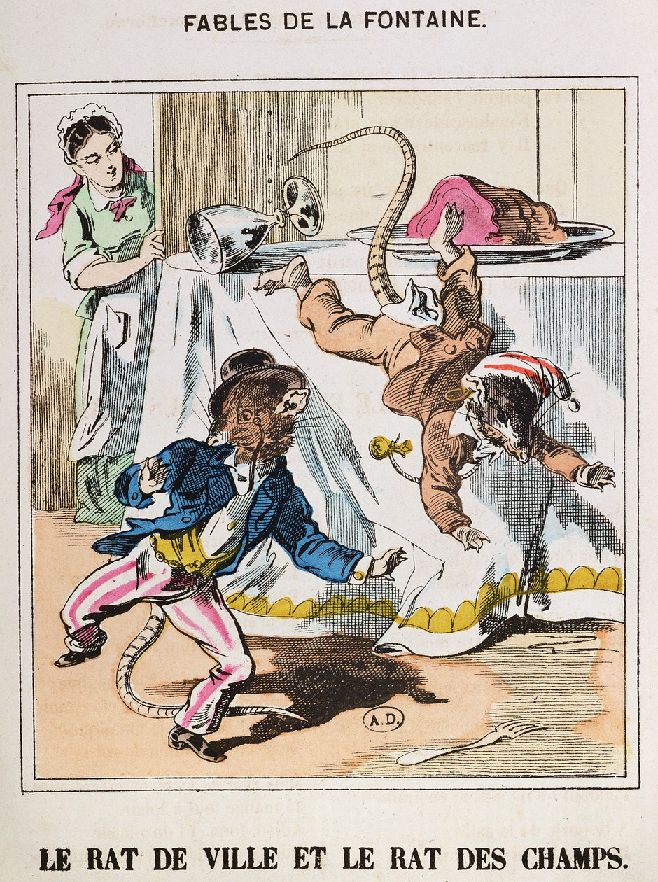 द टाउन माउस एंड द कंट्री माउस, 'Fables de La Fontaine' (रंगीन उत्कीर्णन) से द्वारा फ्रेंच स्कूल
