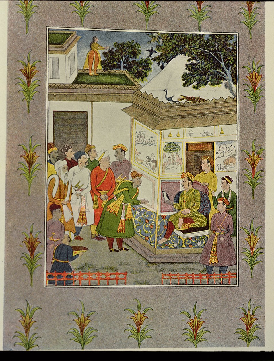 राजा के सामने झुकते हुए यात्री, 'द स्टोरी ऑफ़ द ब्रॉन्ज़ सिटी' के लिए चित्रण, 'द अरेबियन नाइट्स' से द्वारा फ्रेंच स्कूल