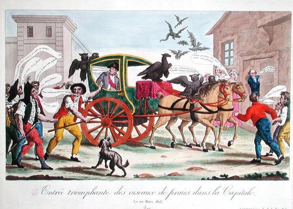 राजधानी में शिकार के पक्षियों का विजयी प्रवेश, नेपोलियन (1769-1821) की पेरिस में वापसी का कैरिकेचर, 20 मार्च 1815 (रंगीन उत्कीर्णन) द्वारा फ्रेंच स्कूल