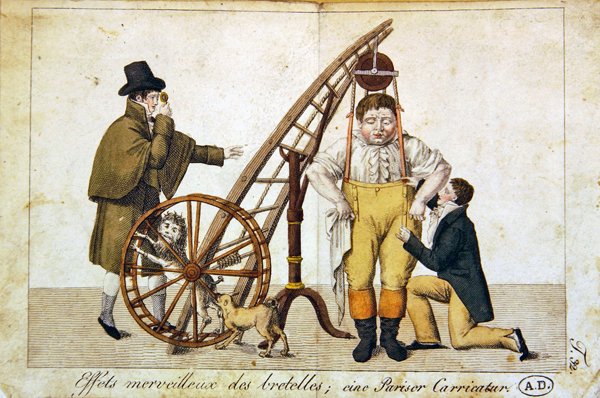 'द वंडरफुल इफेक्ट्स ऑफ ब्रेसेस', c.1790 (कलर लिथो) द्वारा फ्रेंच स्कूल