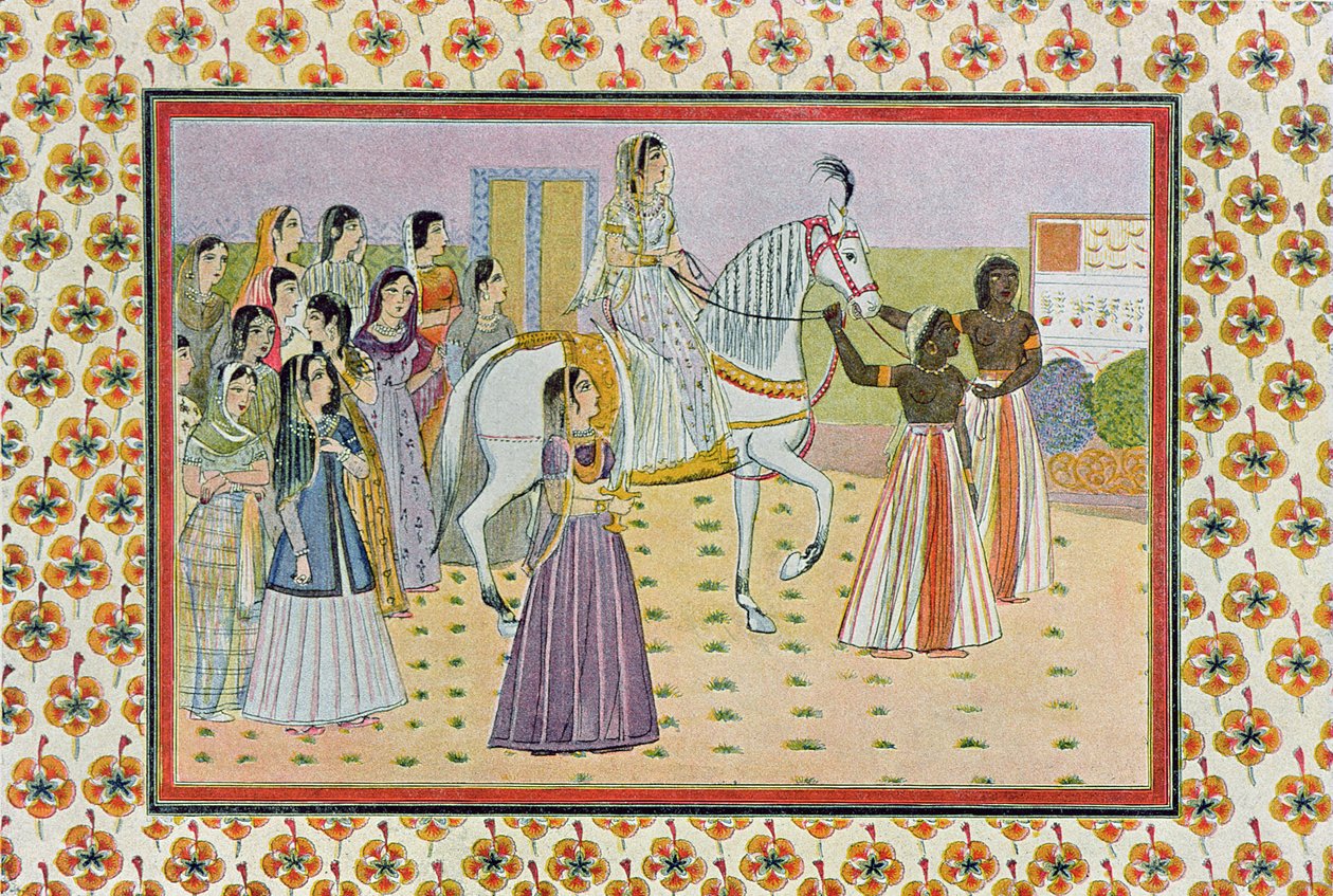 द यंग गर्ल विद अ मून-लाइक फेस राइडिंग अ व्हाइट हॉर्स, चित्रण द अरेबियन नाइट्स, 1895 (रंग उत्कीर्णन) द्वारा फ्रेंच स्कूल