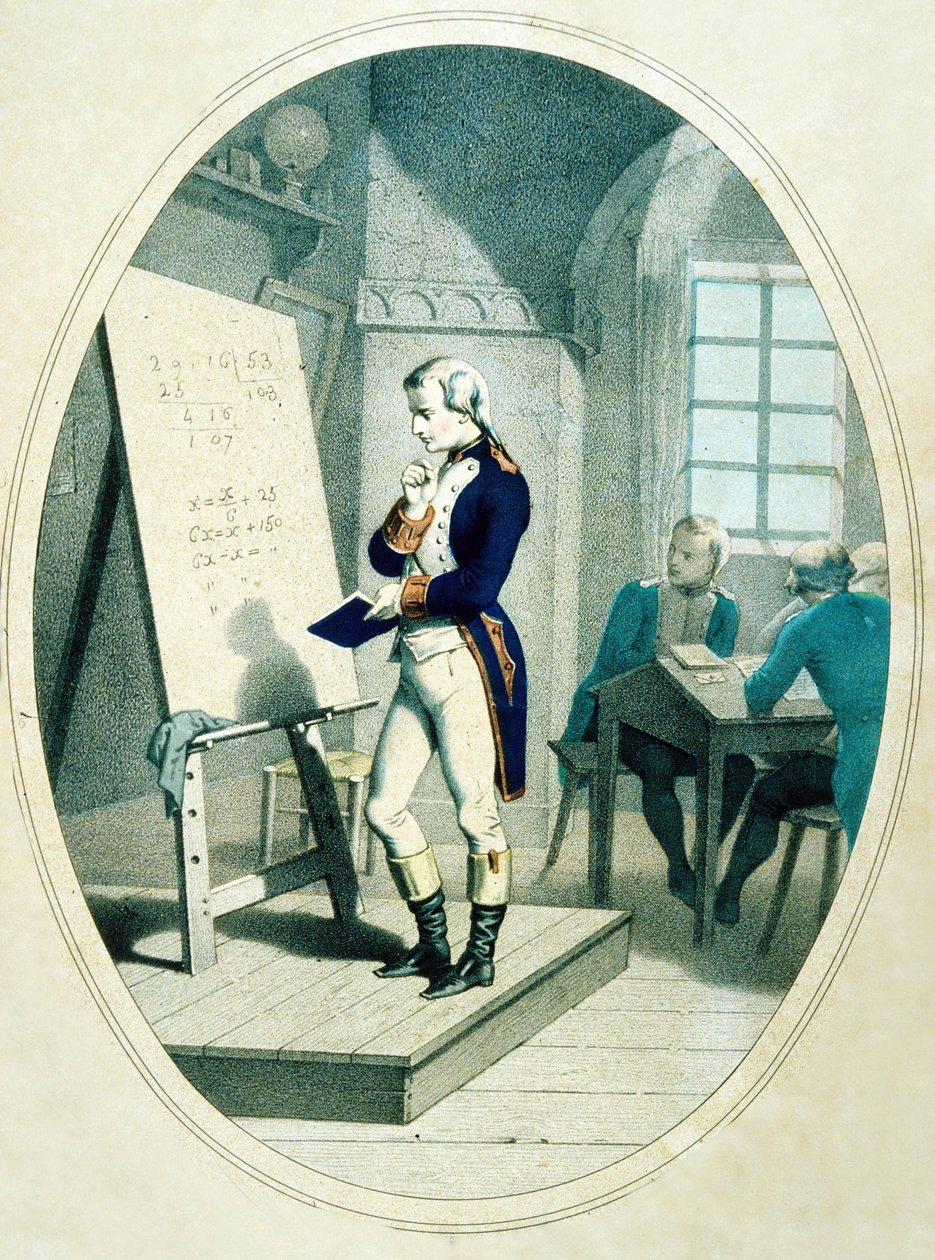 ब्रायन, फ्रांस में सैन्य अकादमी में युवा नेपोलियन, 1779 (रंगीन उत्कीर्णन) द्वारा फ्रेंच स्कूल