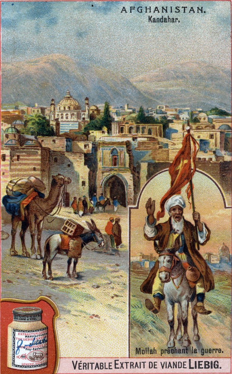 अफगानिस्तान में कंधार शहर जहां मुल्ला युद्ध का उपदेश दे रहा है। उन्नीसवीं सदी के विज्ञापन क्रोमोलिथोग्राफी। द्वारा फ्रेंच स्कूल