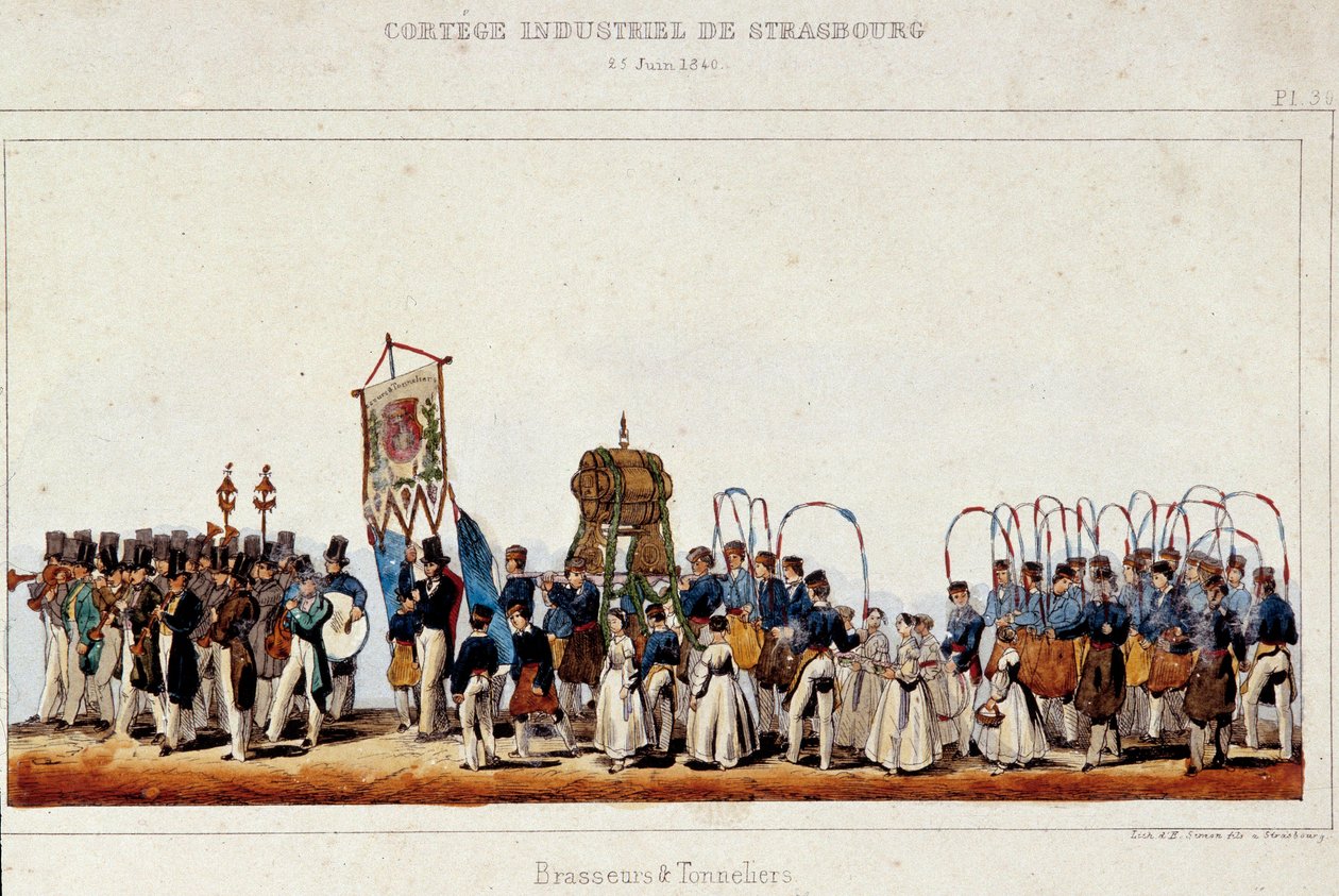 25/06/1840 को स्ट्रासबर्ग में औद्योगिक मंडली के दौरान शराब बनाने वालों और कूपरों का नृत्य। साइमन का लिथोग्राफ द्वारा फ्रेंच स्कूल