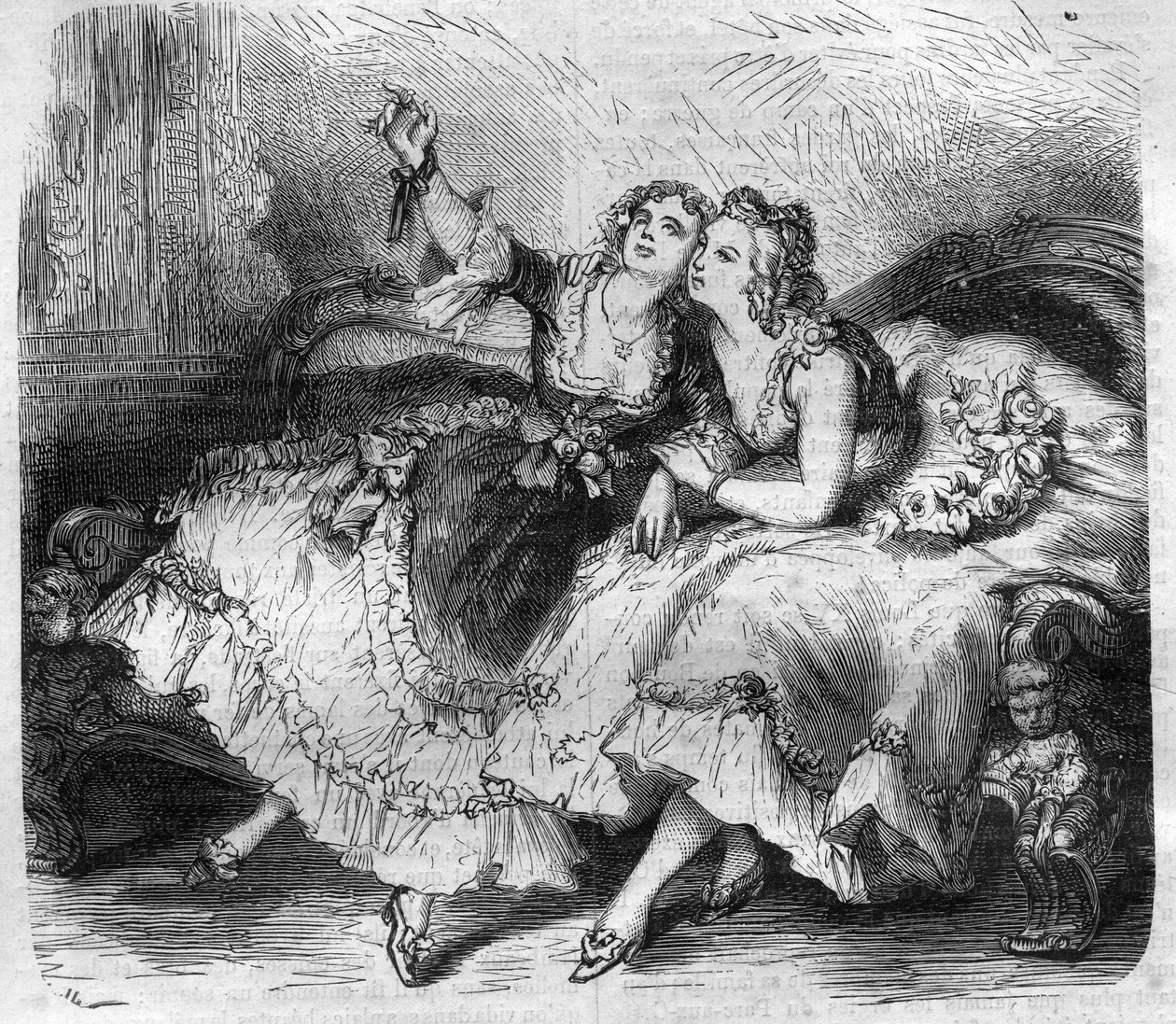 फ्रांस के राजा लुई XV dit le Bien-Aime (Bien Aime) (1710-1774) के "हरम" की बेटियां। मौरिस लाचत्रे द्वारा "हिस्टोइरे डेस पेप्स-रोइस-क्वीन एंड एम्पीयरर्स थ्रू द सेंचुरी" में उत्कीर्णन द्वारा फ्रेंच स्कूल