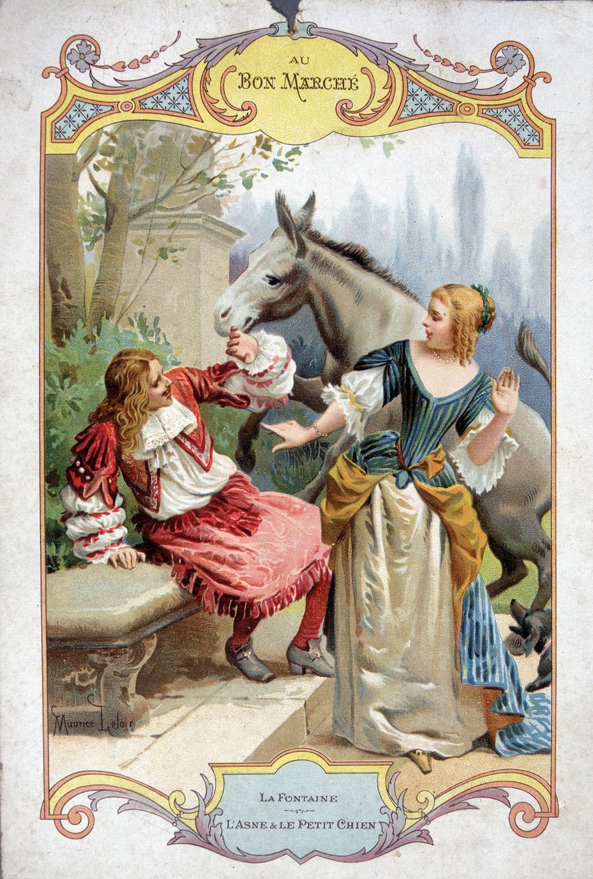 गधा और छोटा कुत्ता (Fable de La Fontaine) - बॉन मार्चे विज्ञापन स्टिकर द्वारा फ्रेंच स्कूल