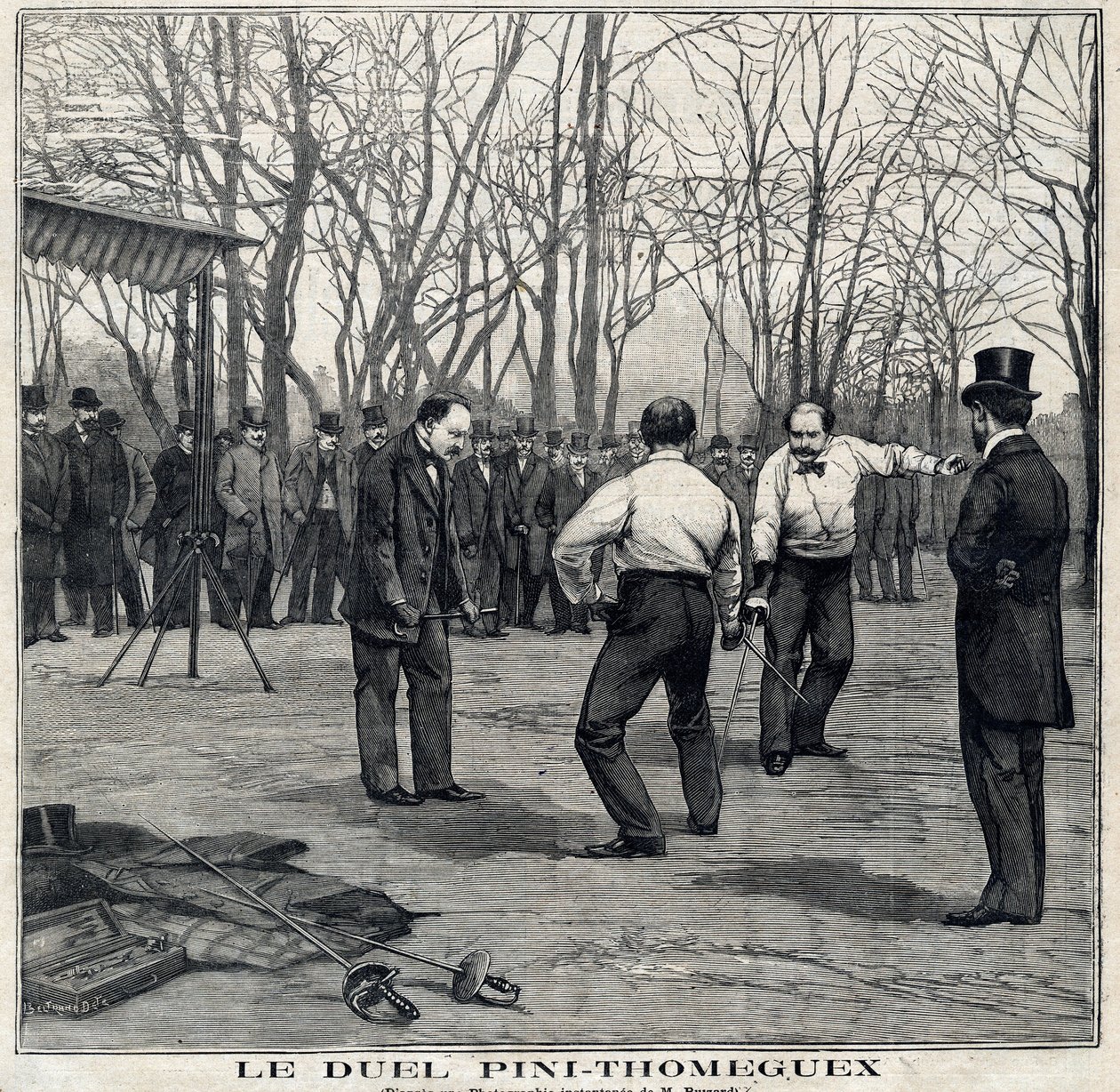 Parc de Saint Ouen (Saint-Ouen) में हथियारों के स्वामी पिनी और Thomeguex का द्वंद्व। 28/03/1897 को "" ले पेटिट पेरिसियन "" में। द्वारा फ्रेंच स्कूल