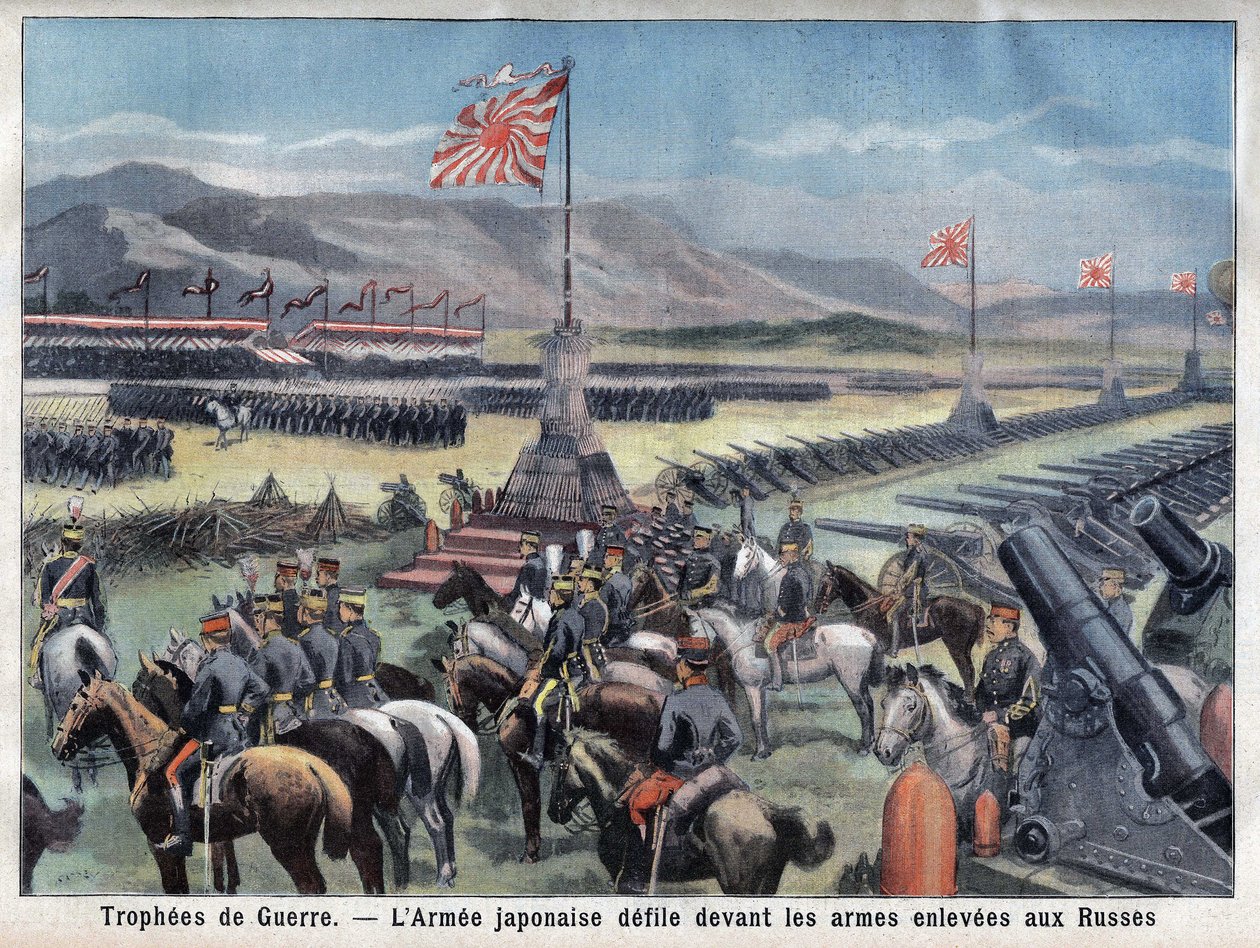 जापानी रूसो संघर्ष का अंत, जापान की विजयी सेना 24/06/1906 (उत्कीर्णन) पर "ले पेटिट पेरिसियन" में रूसी हथियारों के अधिग्रहण के सामने बैठती है। द्वारा फ्रेंच स्कूल