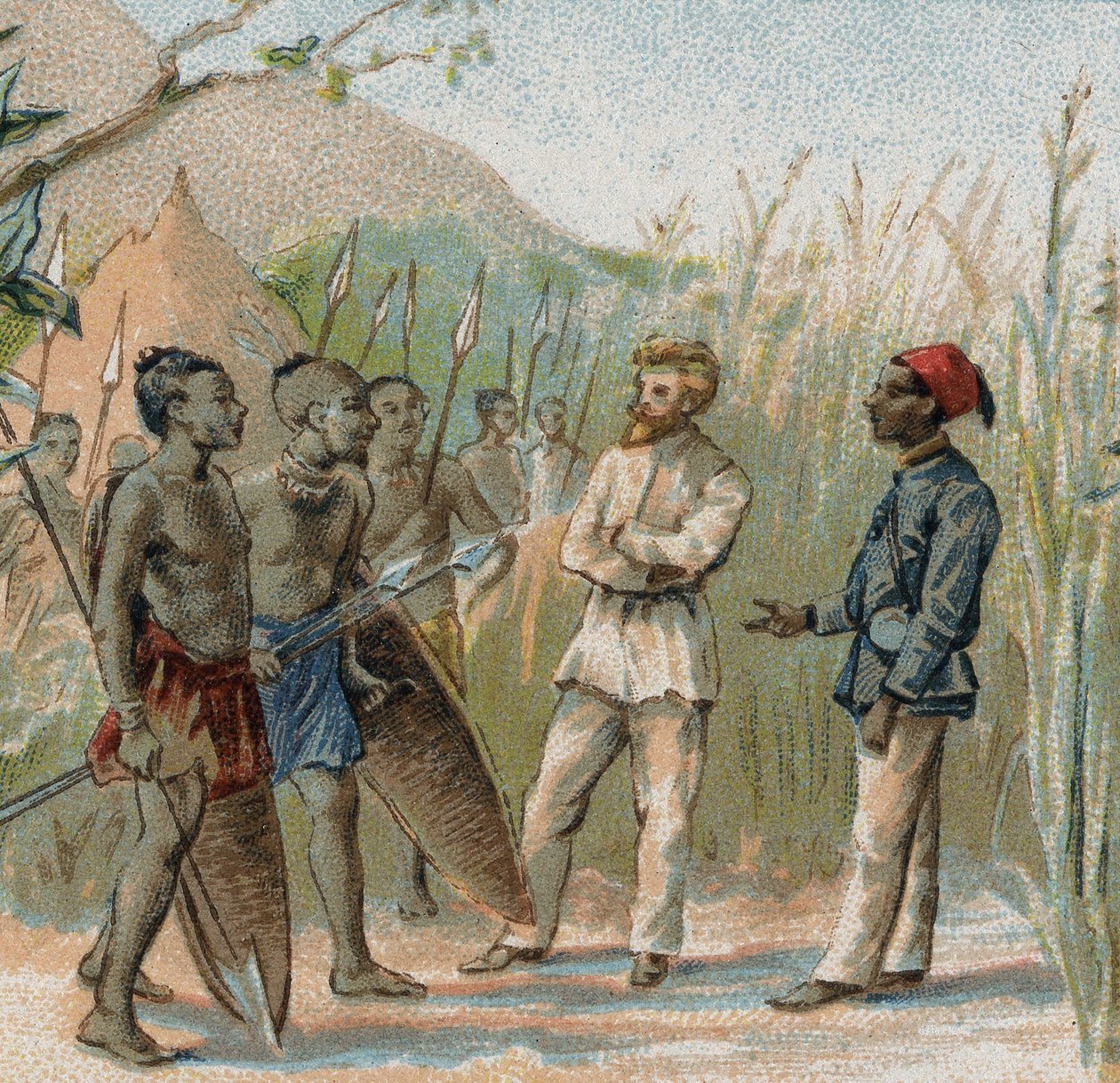 अन्वेषक पॉल क्रैम्पेल (1864 - 1891) कांगो के मूल निवासियों के साथ संसदीय कार्य करते हुए। 19 वीं शताब्दी की क्रोमोलिथोग्राफी। द्वारा फ्रेंच स्कूल