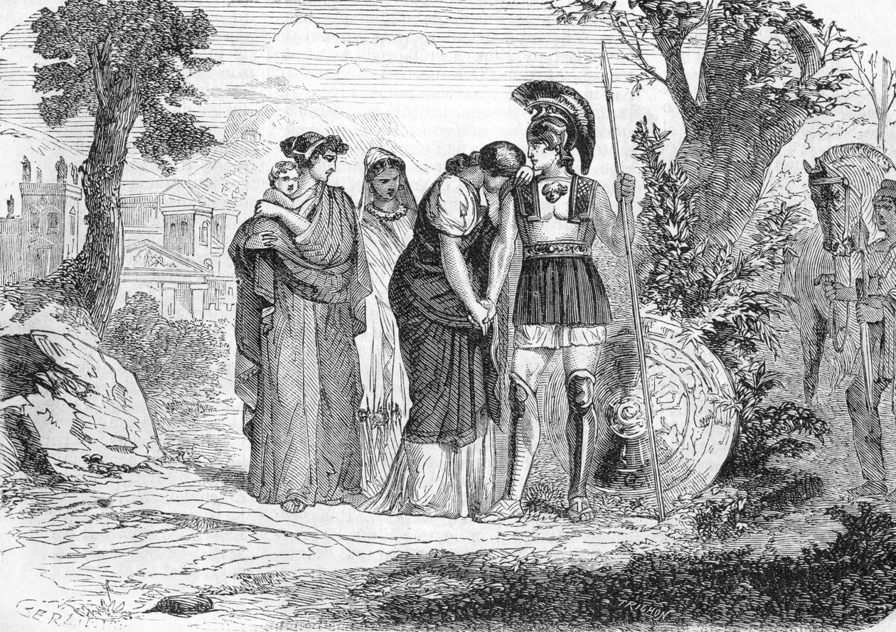 हेक्टर और एंड्रोमैक की विदाई (उत्कीर्णन) 1864 द्वारा फ्रेंच स्कूल