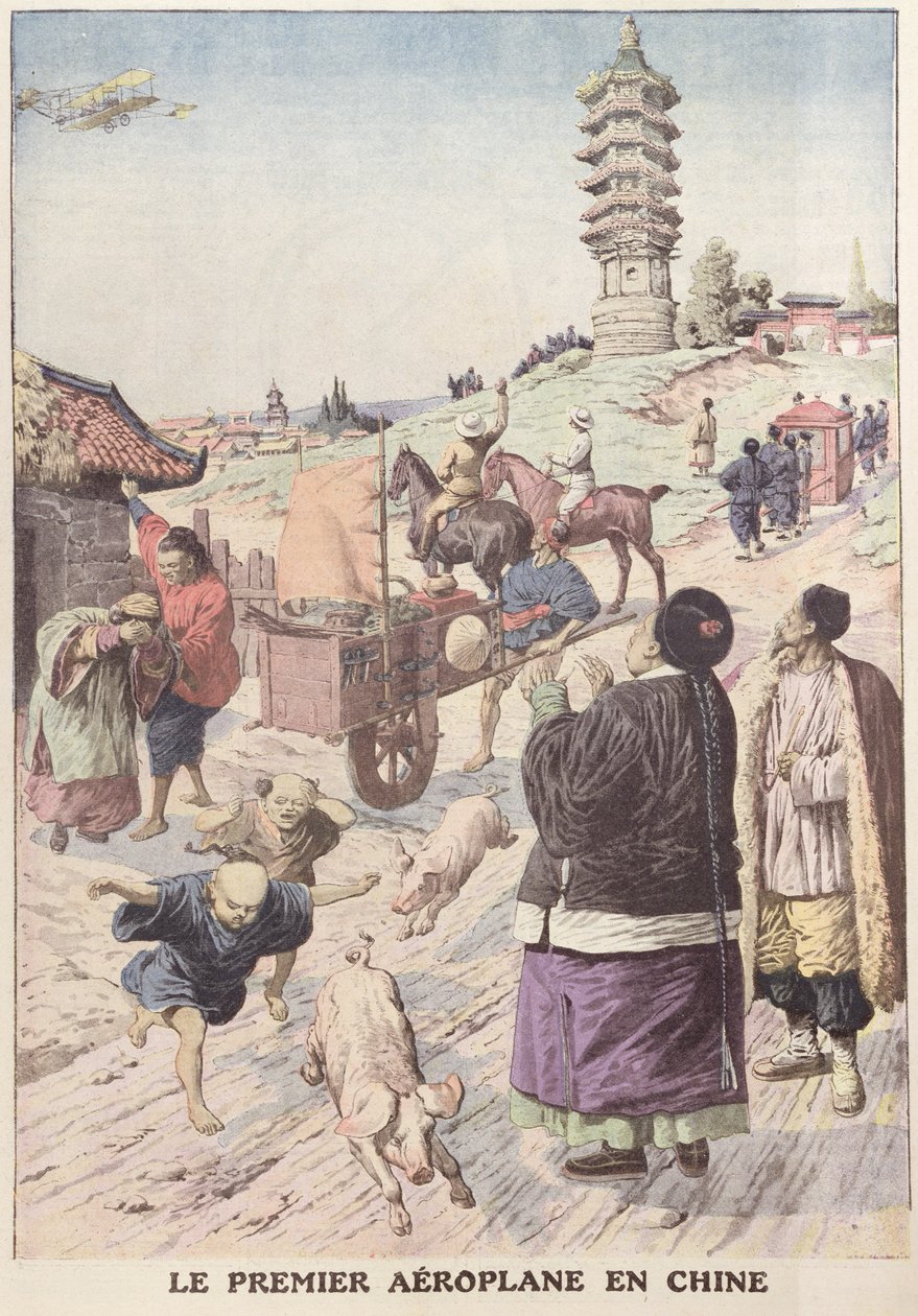चीन में पहला हवाई जहाज, ले पेटिट जर्नल अप्रैल 1911 से चित्रण द्वारा फ्रेंच स्कूल