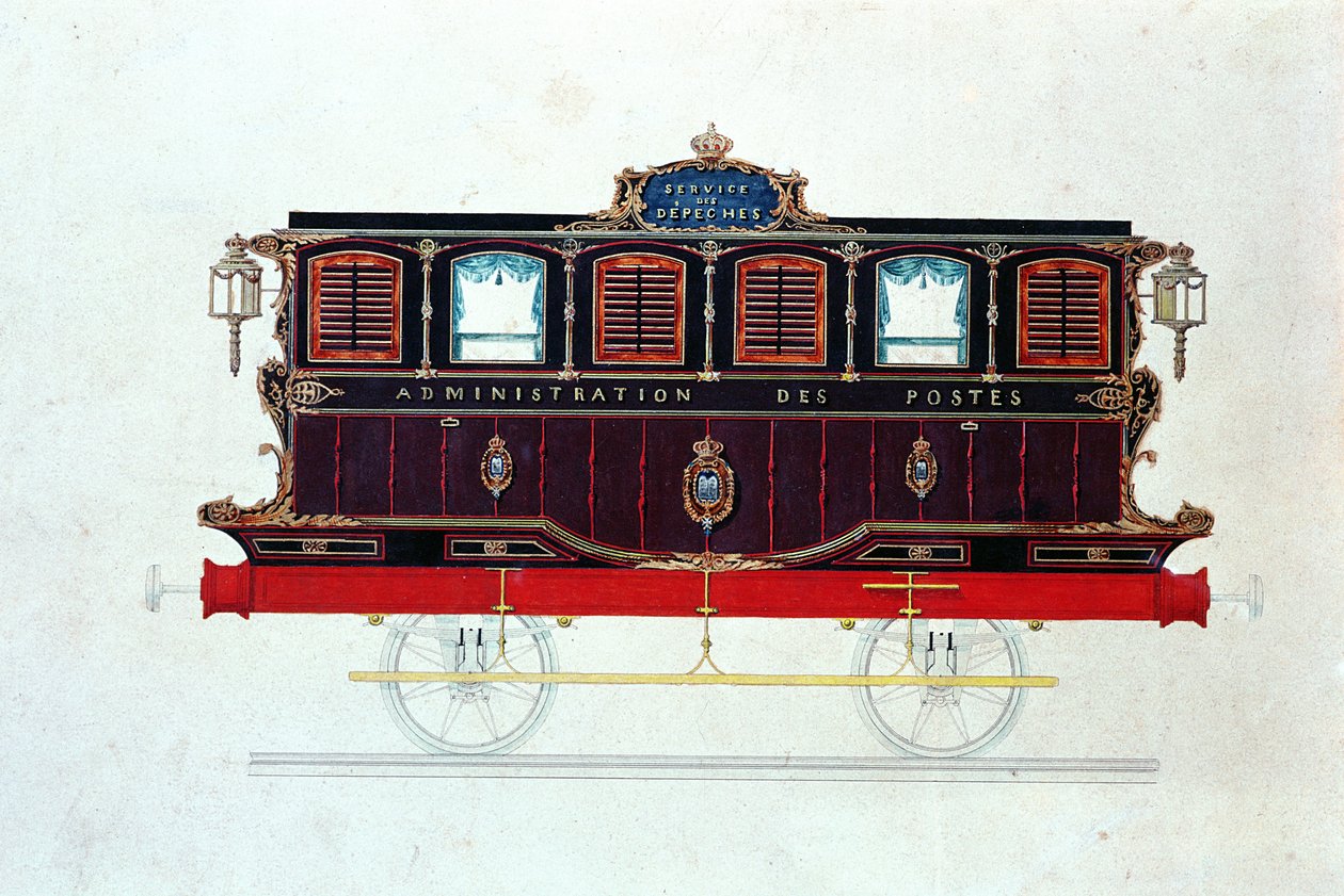 फ्रांस में पहली मेल-वैन, c.1830-48 (कागज पर कलम और स्याही और wc) द्वारा फ्रेंच स्कूल