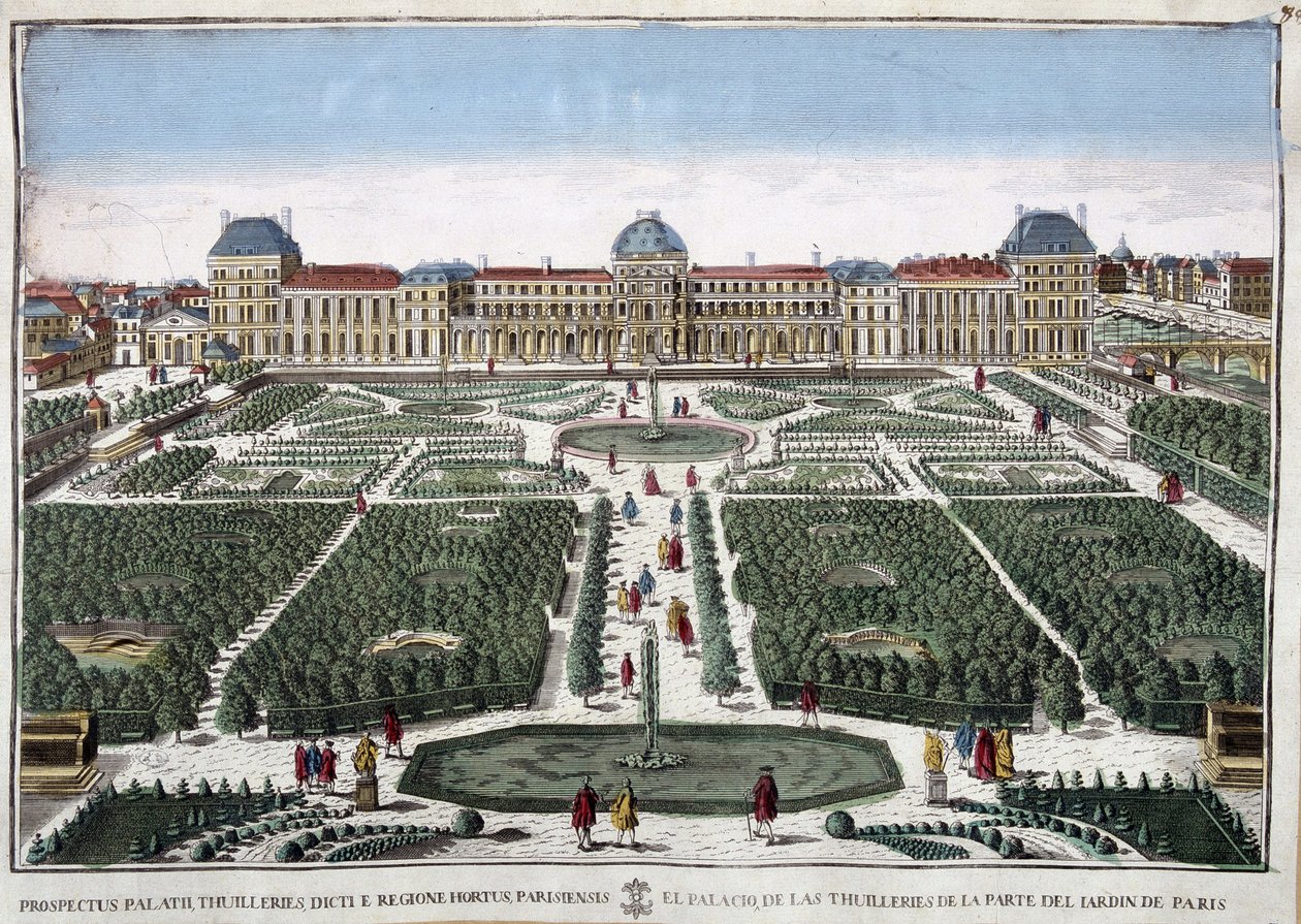 Tuileries के उद्यान और महल - उत्कीर्णन द्वारा फ्रेंच स्कूल