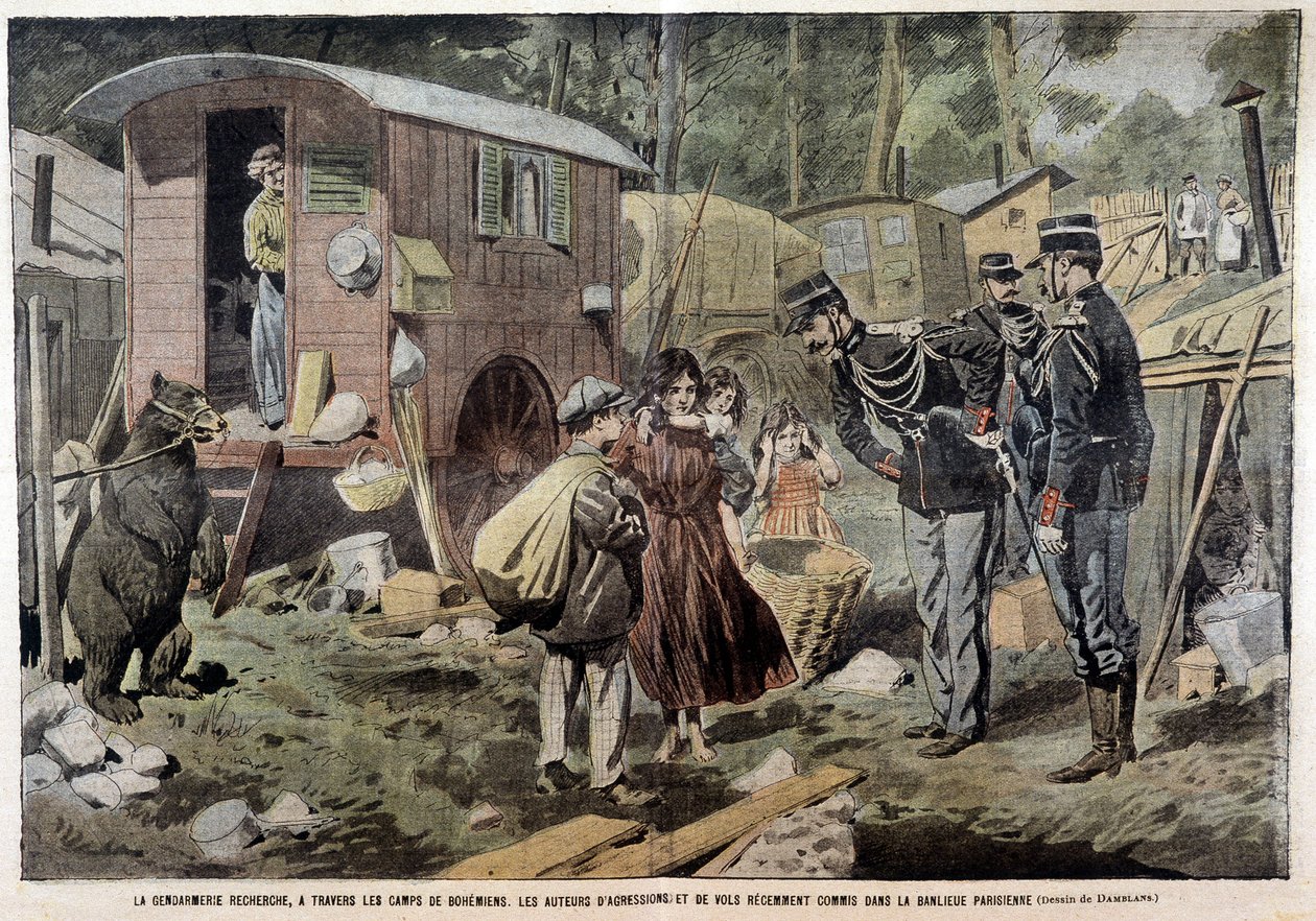 जेंडरमेरी जिप्सी शिविरों के माध्यम से, पेरिस के उपनगर में हाल के हमलों और डकैतियों के अपराधियों की तलाश करता है - 21/04/1907 के "" पेलरिन "" में। द्वारा फ्रेंच स्कूल