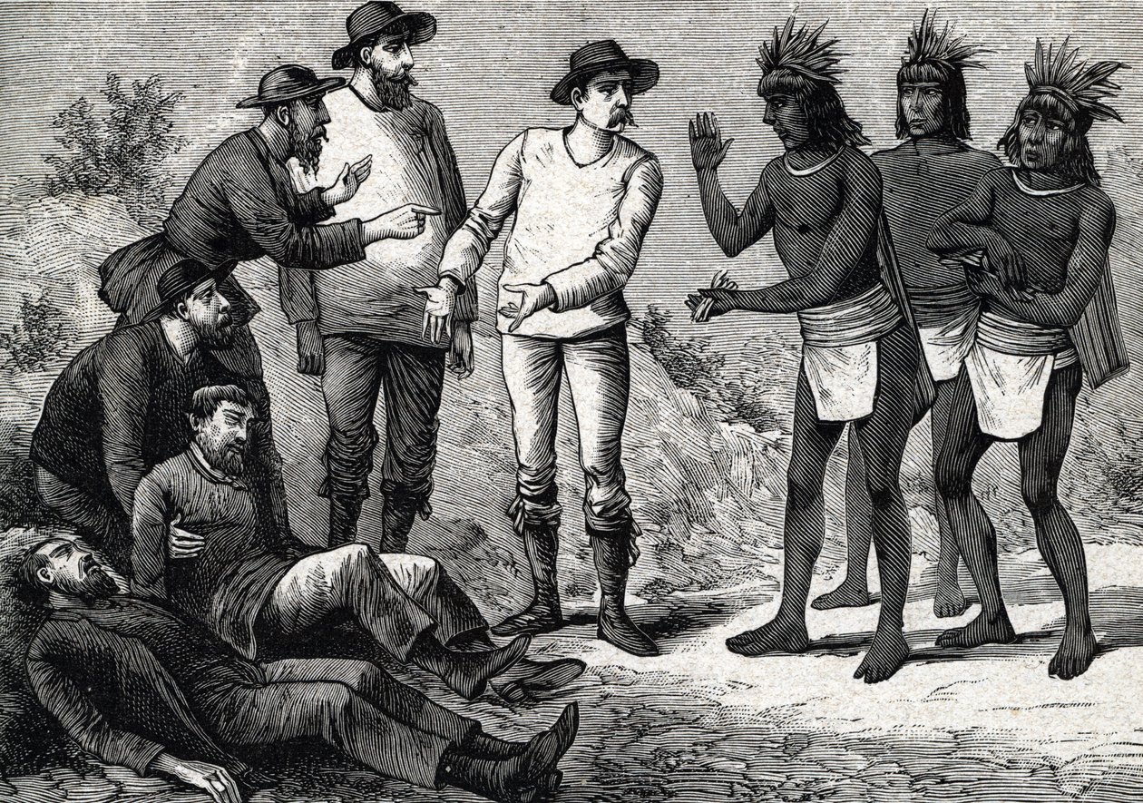 पेरू के निवासी सिनकोना (उत्कीर्णन) 1888 . के साथ मलेरिया से पीड़ित औपनिवेशिक यूरोपीय लोगों की मदद करते हैं द्वारा फ्रेंच स्कूल