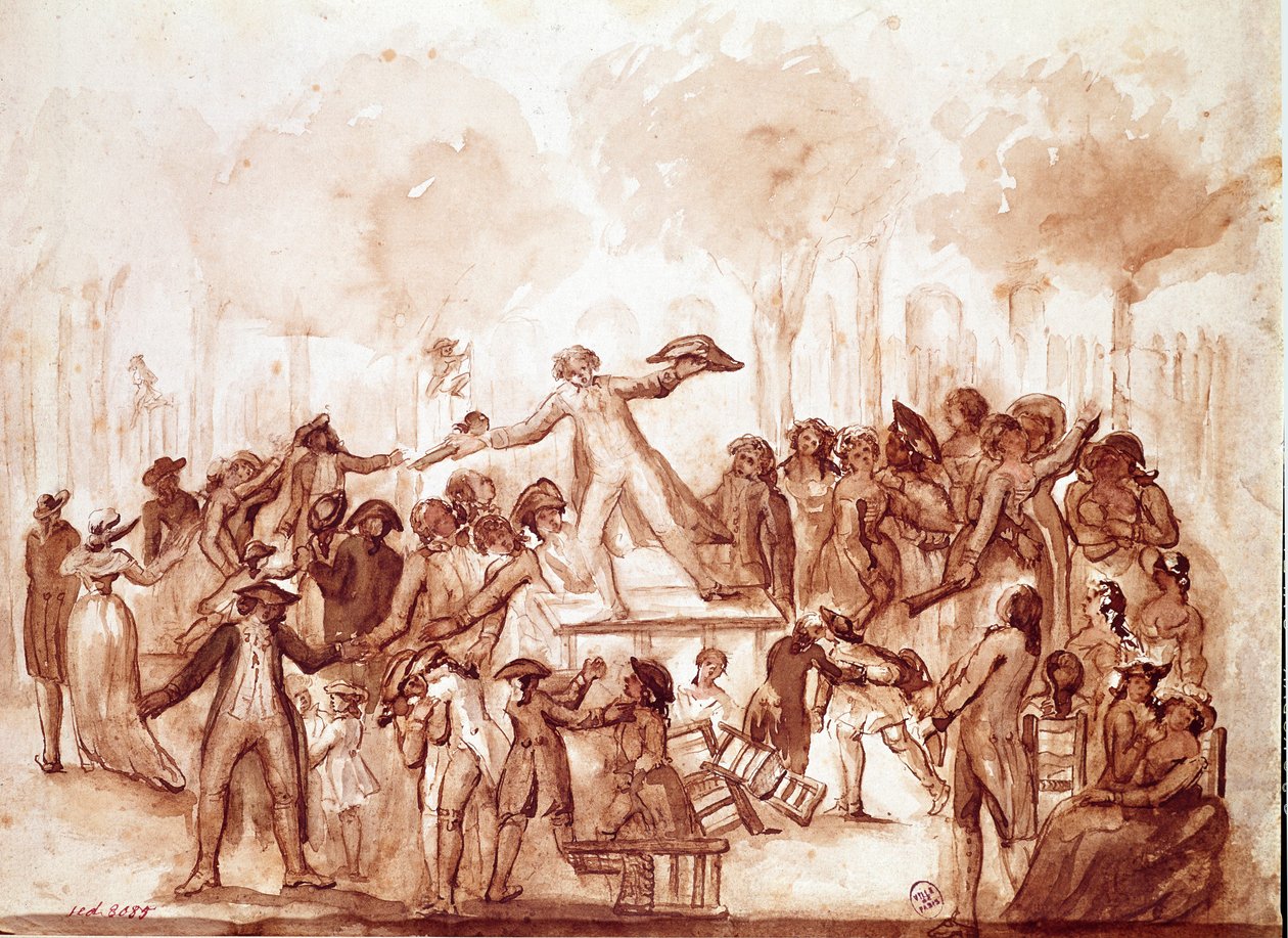 पत्रकार केमिली डेसमौलिन्स (1760-1794) ने रॉयल पैलेस के बगीचों में देशभक्तों को फांसी दी"" पेरिस में फ्रांसीसी क्रांति का पहला दृश्य, 12 जुलाई द्वारा फ्रेंच स्कूल