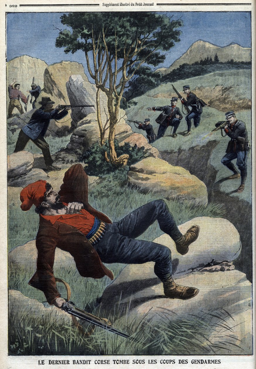 अंतिम कोर्सीकन दस्यु लिंगर्मों के प्रहार के अंतर्गत आता है: 5 दिसंबर 1909 का "ले पेटिट जर्नल" (उत्कीर्णन) द्वारा फ्रेंच स्कूल
