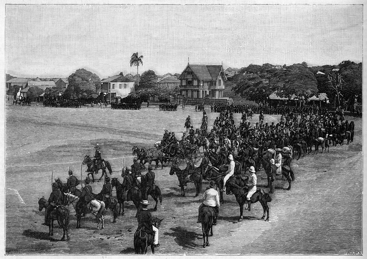 पोर्ट औ प्रिंस, हैती में राष्ट्रपति एटिने फेलिसिट सॉलोमन (1820-1888) की अंतिम समीक्षा। द्वारा फ्रेंच स्कूल