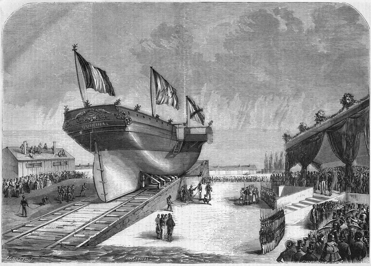 1857 में ला सीन में लाइनर क्विरिनल का शुभारंभ (कॉम्पैनी डेस मेसेगेरीज मैरीटाइम्स)। 1857 से उत्कीर्णन। द्वारा फ्रेंच स्कूल