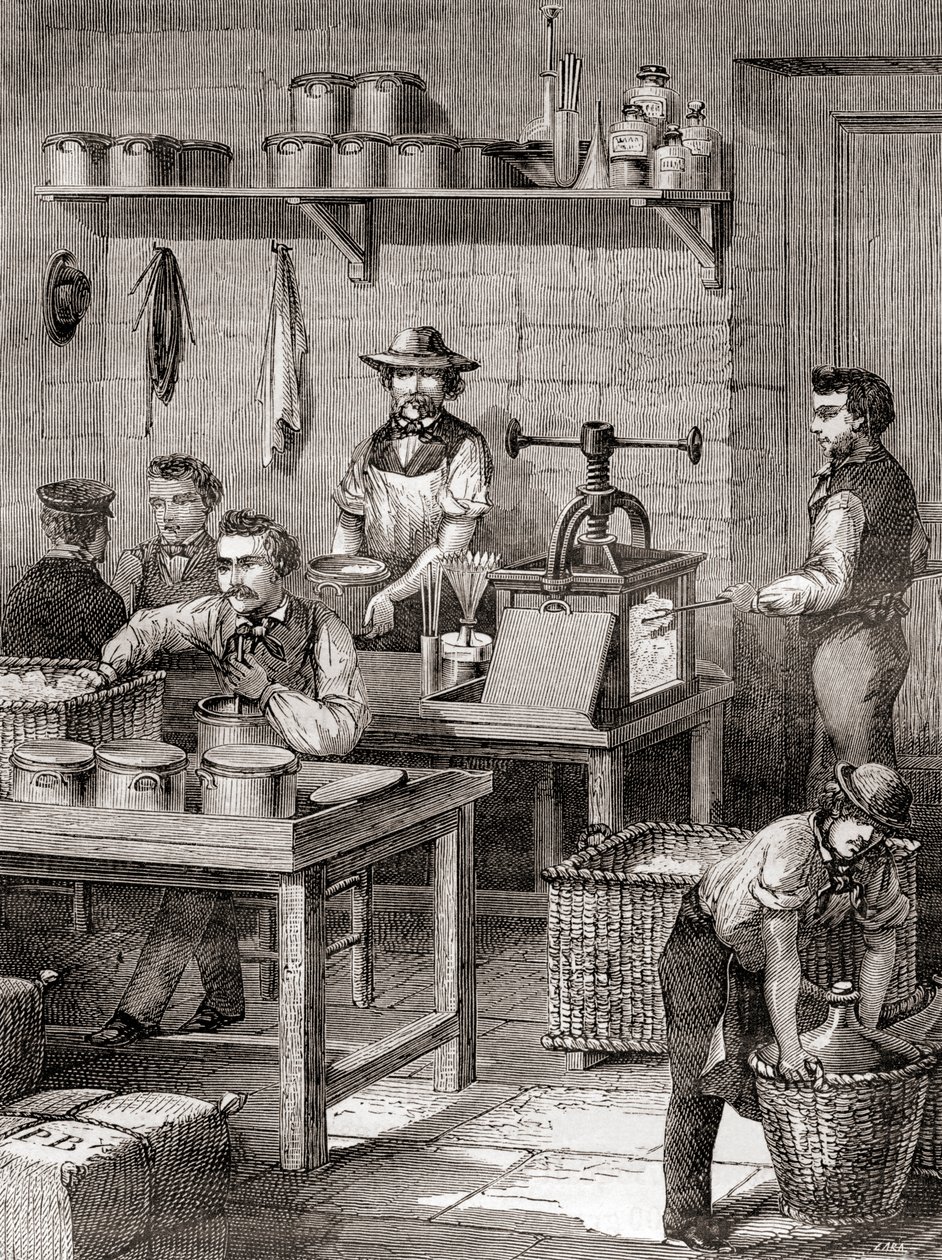 19वीं सदी में गन कॉटन का निर्माण, Les Merveilles de la Science से प्रकाशित हुआ, c.1870 (उत्कीर्णन) द्वारा फ्रेंच स्कूल
