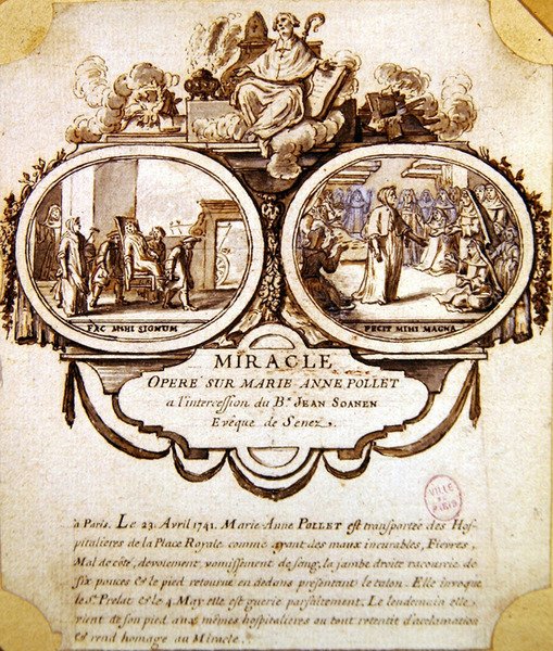 मैरी-ऐनी पोलेट का चमत्कार, c.1741 (पानी के रंग और स्याही) द्वारा फ्रेंच स्कूल