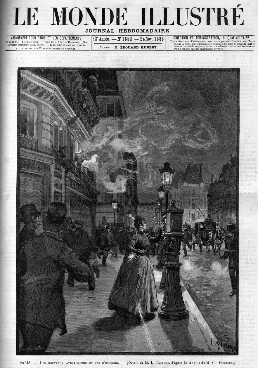 1888 में पेरिस में नया आग अलार्म। 1888 का "द इलस्ट्रस वर्ल्ड" का कवर। द्वारा फ्रेंच स्कूल