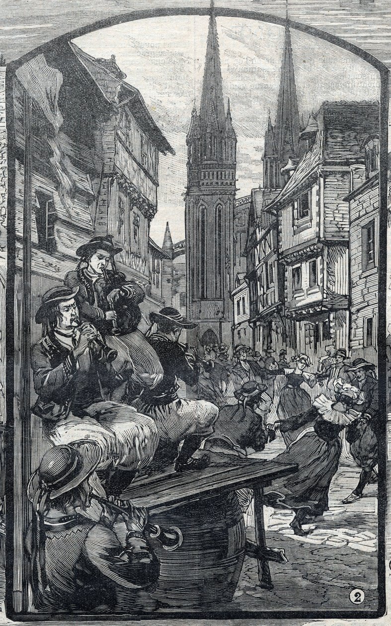 Quimper (Finistere, Brittany) में Biniou के खिलाड़ी। "ले पेटिट पेरिसियन" में द्वारा फ्रेंच स्कूल